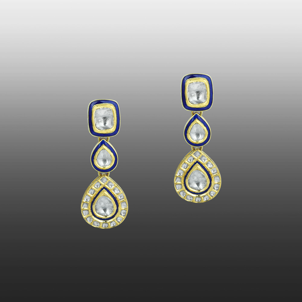 Tiered Teardrop Polki Earrings with Blue Enamel